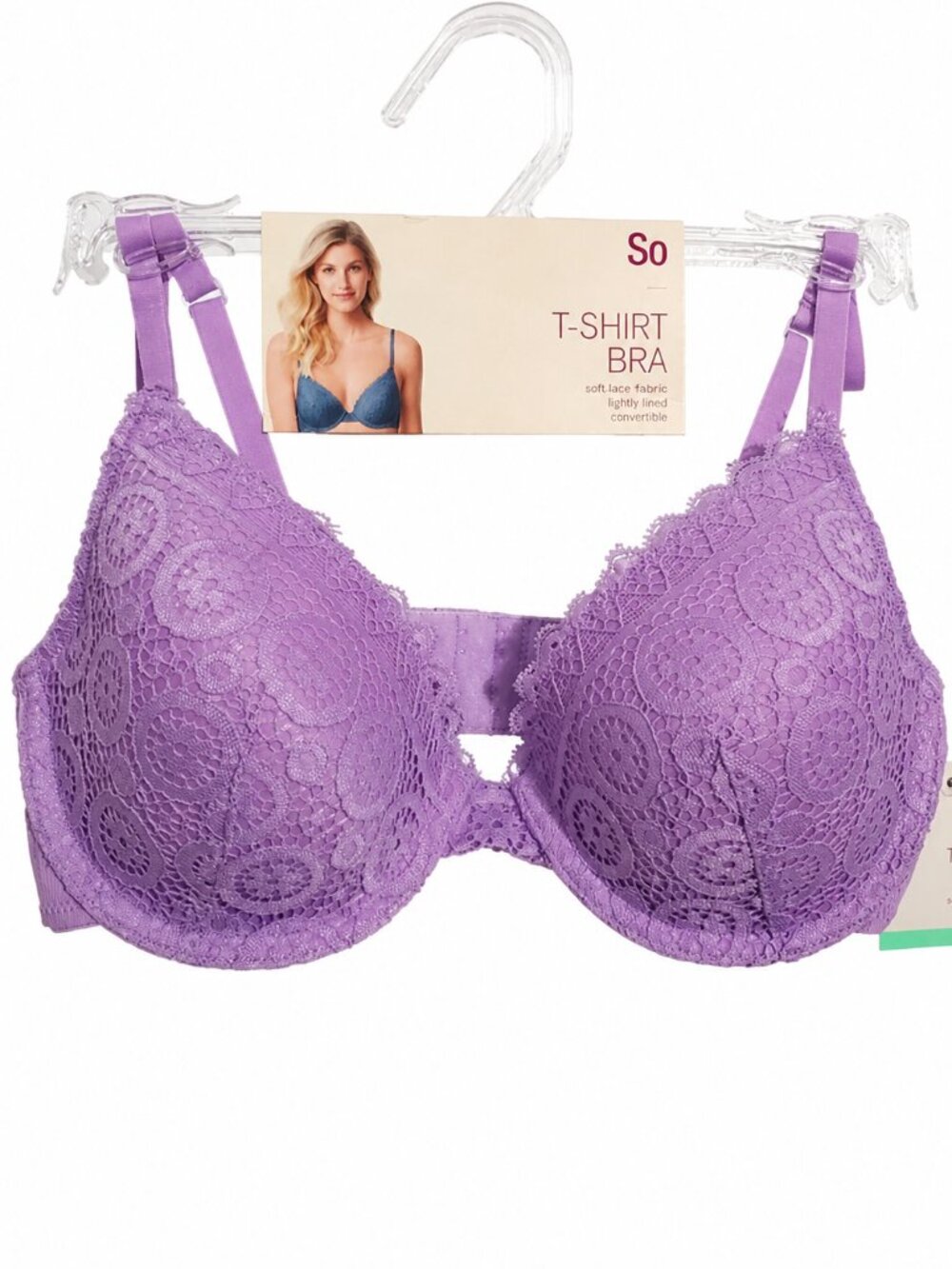 New 34B purple bra. "lightly lined, laced detail, convertible t-shirt" bra.